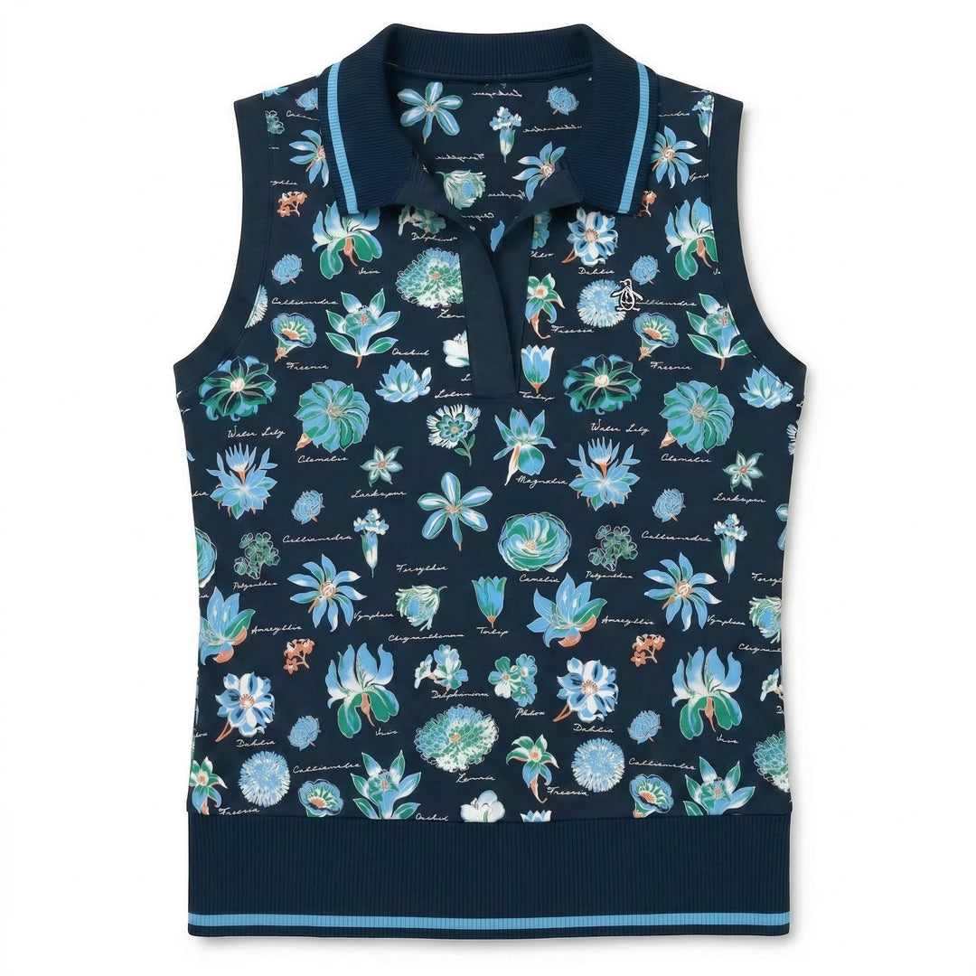 Women's Textbook Floral Sleeveless Golf Polo-Polos-Black Iris-L-Original Penguin