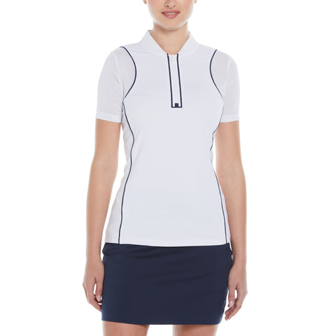 Zip Front Golf Top with Piping (Bright White) 