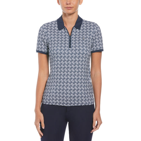 Geometric Print Short Sleeve Golf Polo Shirt with Mesh Inserts (Black Iris) 