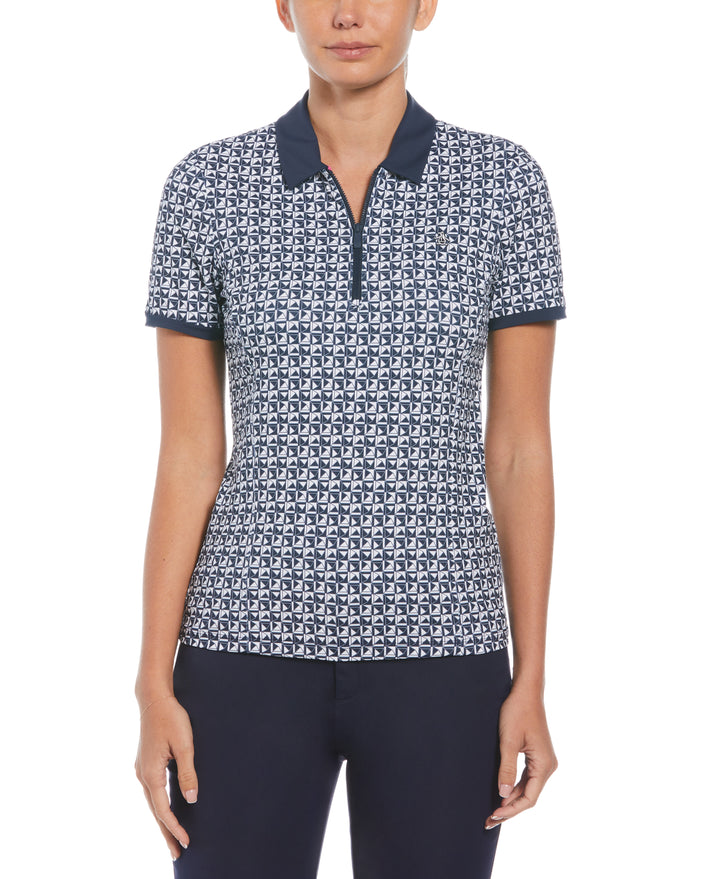Geometric Print Short Sleeve Golf Polo Shirt with Mesh Inserts (Black Iris) 