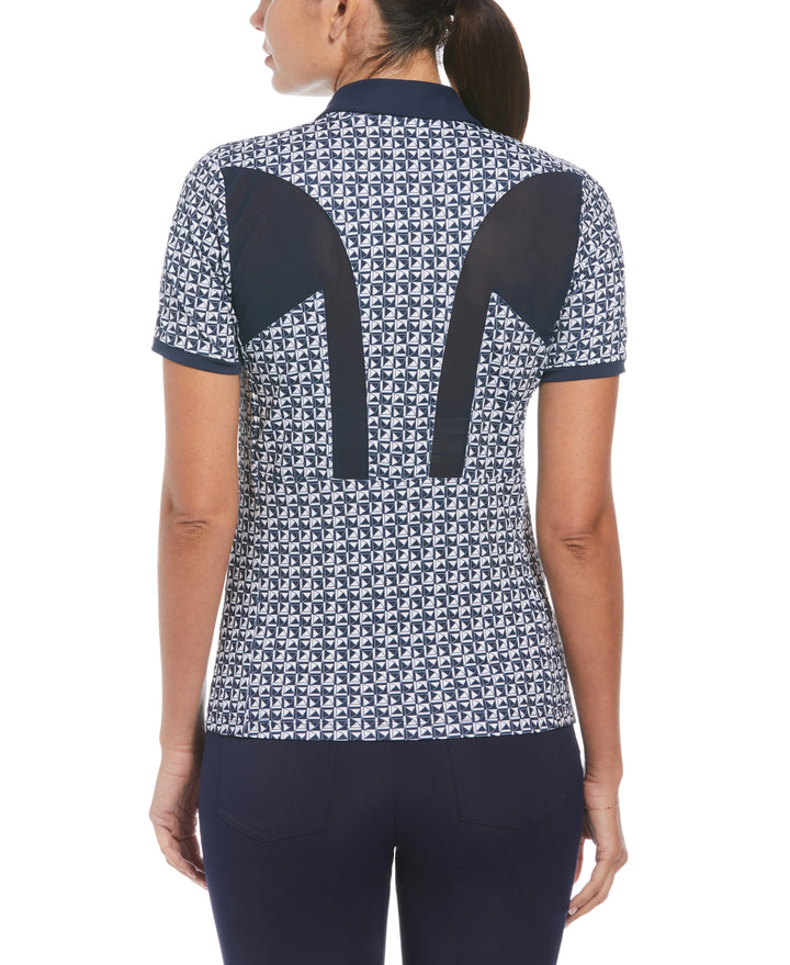 Geometric Print Short Sleeve Golf Polo Shirt with Mesh Inserts (Black Iris) 