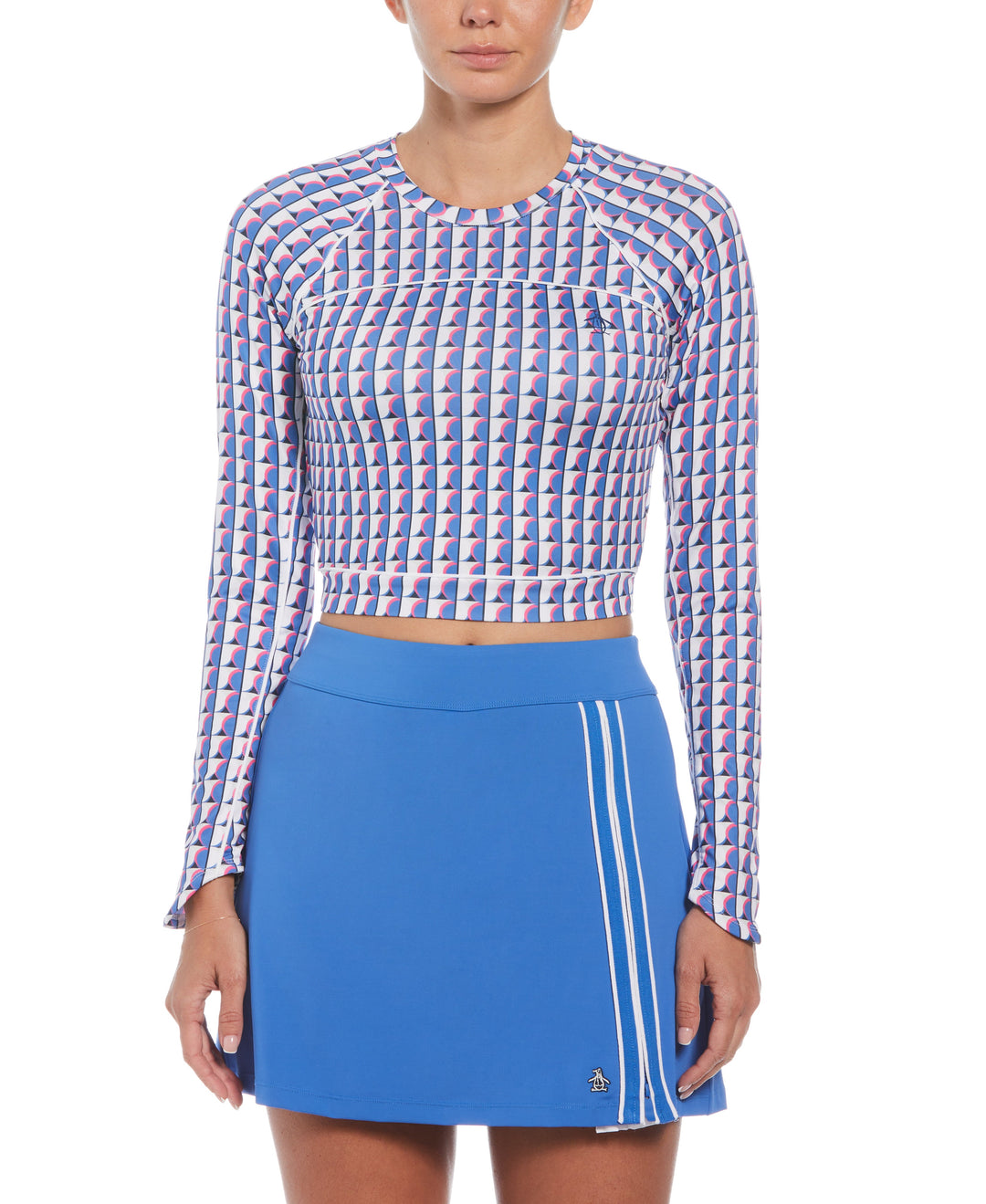 Women's Geometric Print Cropped Tennis Shirt-Women's Shirts-Nebulas Blue-XS-Original Penguin