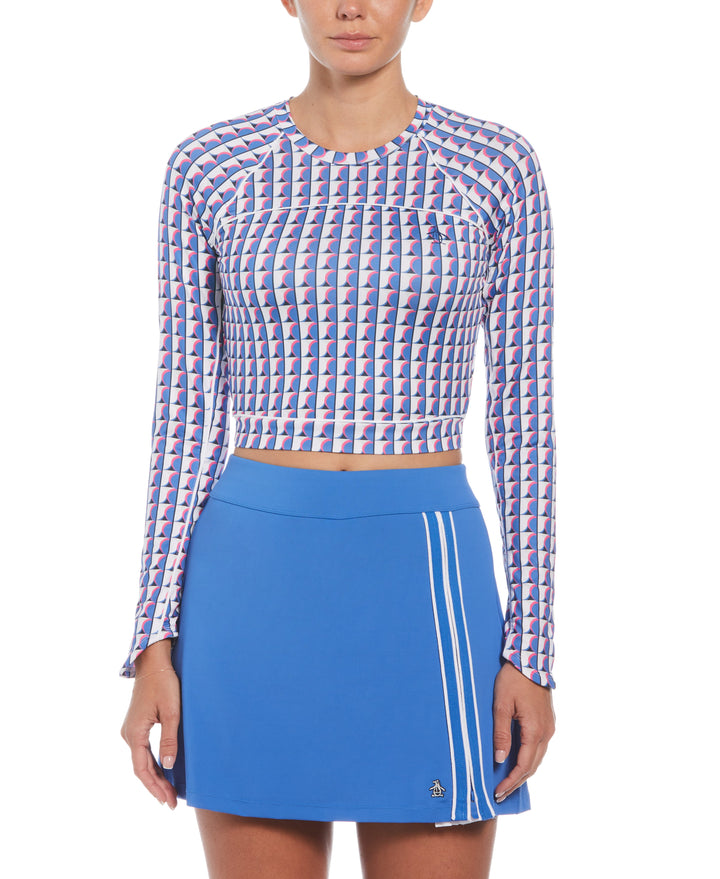 Women's Geometric Print Cropped Tennis Shirt-Women's Shirts-Nebulas Blue-XS-Original Penguin