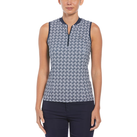 Geometric Print Sleeveless Golf Polo with Mesh Back (Black Iris) 
