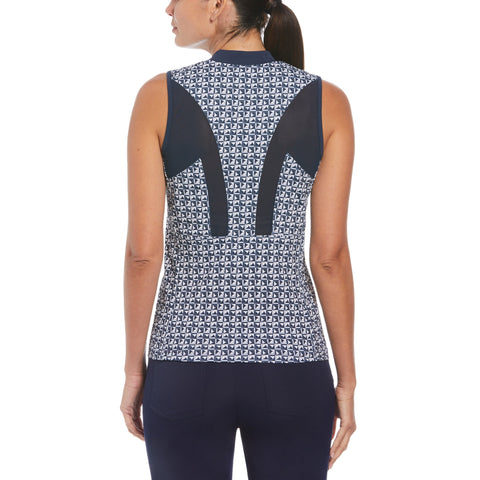 Geometric Print Sleeveless Golf Polo with Mesh Back (Black Iris) 