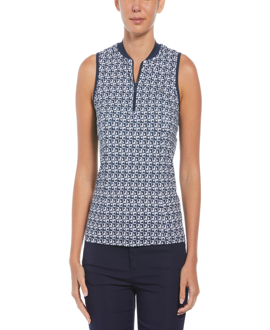 Geometric Print Sleeveless Golf Polo with Mesh Back (Black Iris) 