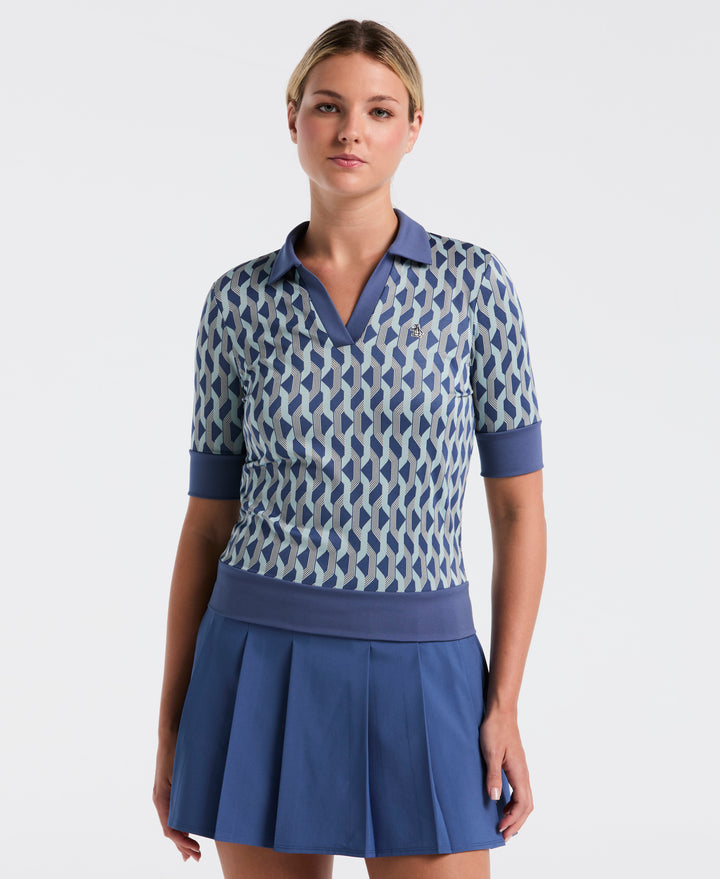 Women's 1/2 Sleeve Waist Length Geometric Polo (True Navy) 