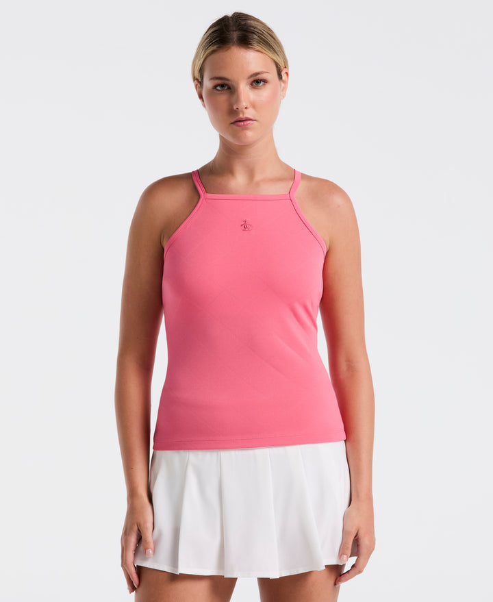 Women's Jacquard Grid Tennis Tank-Women's Tanks-Camellia Rose-XS-Original Penguin