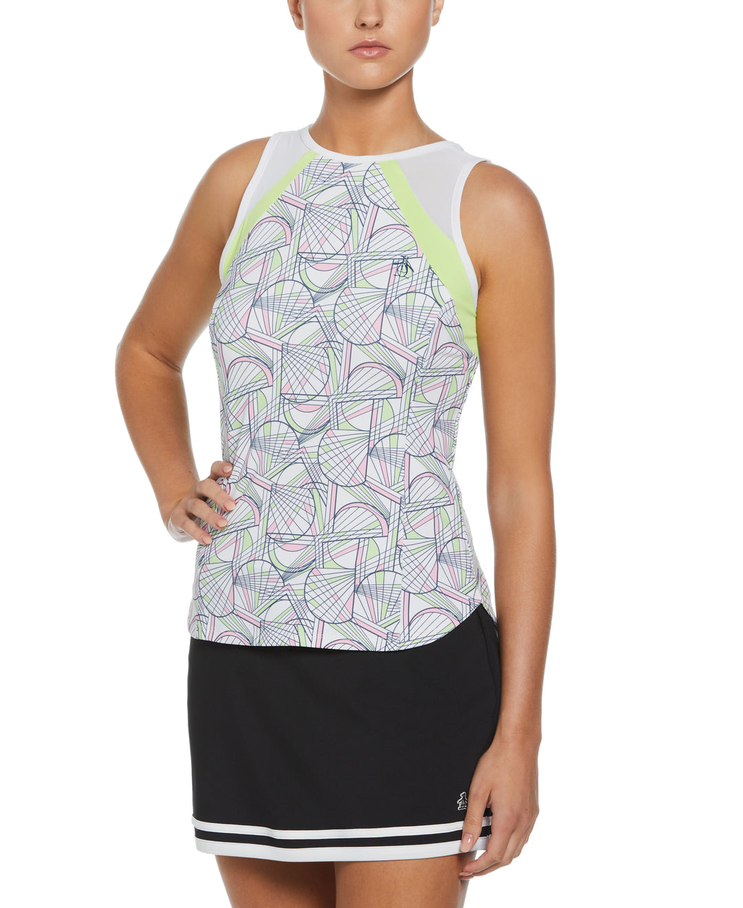 Women's Tennis Racket Print Mesh Block Tank Top (Bright White) 