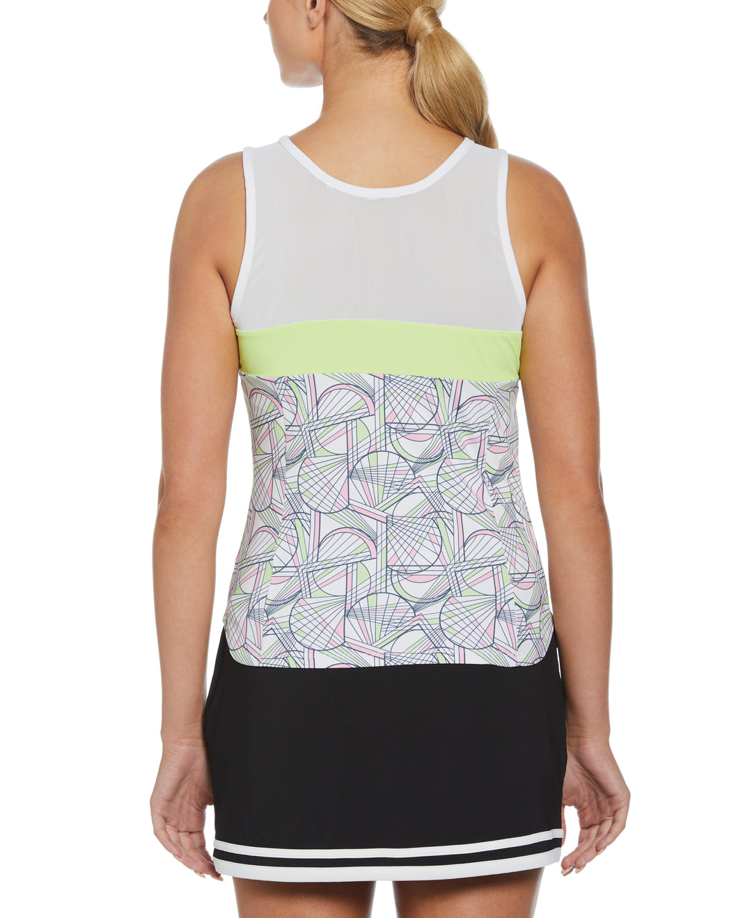 Women's Tennis Racket Print Mesh Block Tank Top (Bright White) 