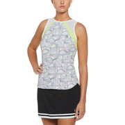 Women's Tennis Racket Print Mesh Block Tank Top (Bright White) 