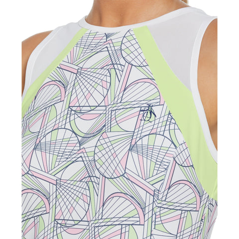 Women's Tennis Racket Print Mesh Block Tank Top (Bright White) 
