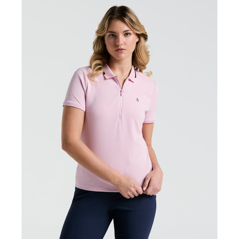 Women's Ribbed Golf Polo Shirt With Metallic Zip (Charm Pink) 