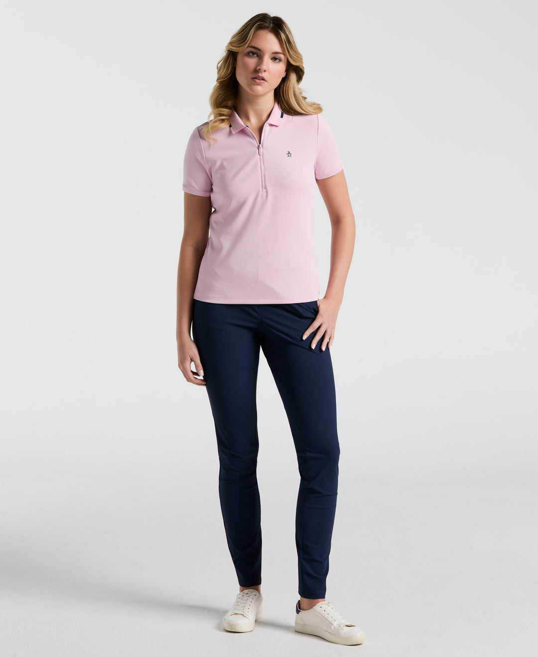 Ribbed Metallic Zipper Golf Polo (Charm Pink) 