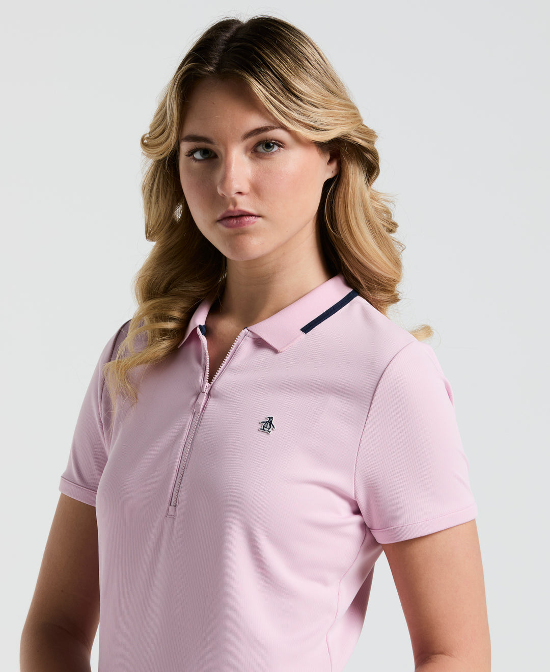 Ribbed Metallic Zipper Golf Polo (Charm Pink) 