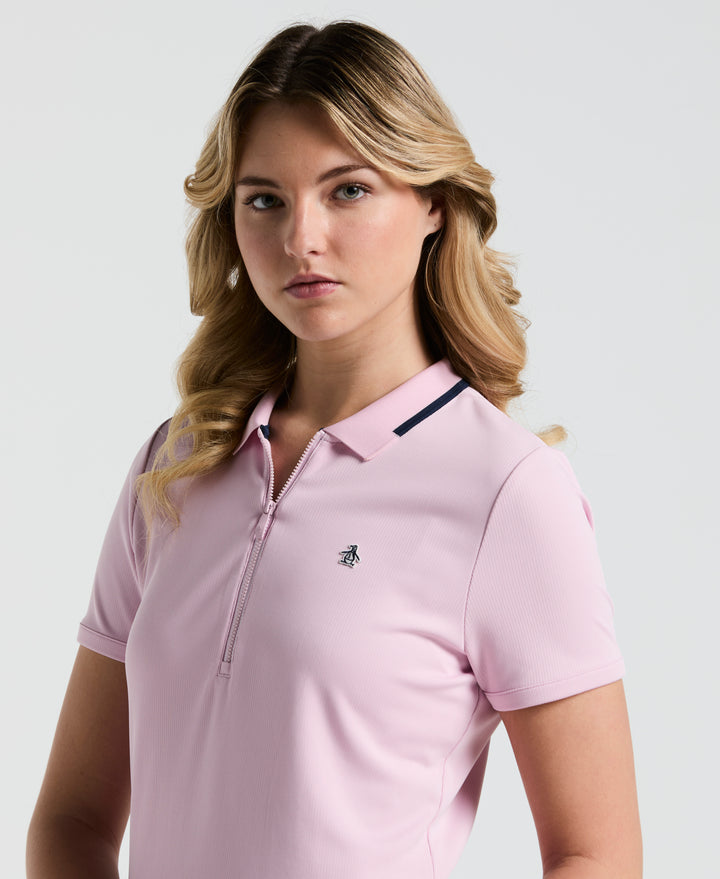 Ribbed Metallic Zipper Golf Polo (Charm Pink) 