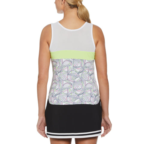 Women's Tennis Racket Print Mesh Block Tank Top (Bright White) 