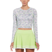 Tennis Racket Print Sun Protection Cropped Tennis Shirt (Bright White) 