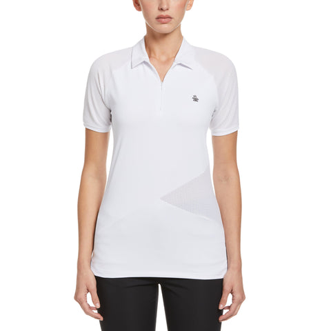 Zip Front Asymmetrical Mesh Polo Golf Shirt (Bright White) 