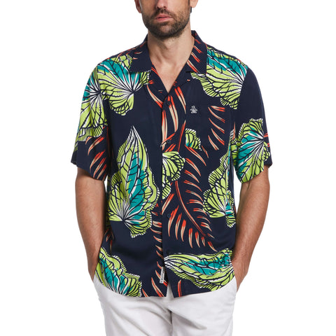 EcoVero™ Palm Leaf Print Camp Collar Shirt (Dark Sapphire) 