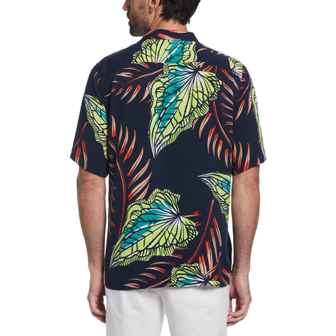 EcoVero™ Palm Leaf Print Camp Collar Shirt (Dark Sapphire) 