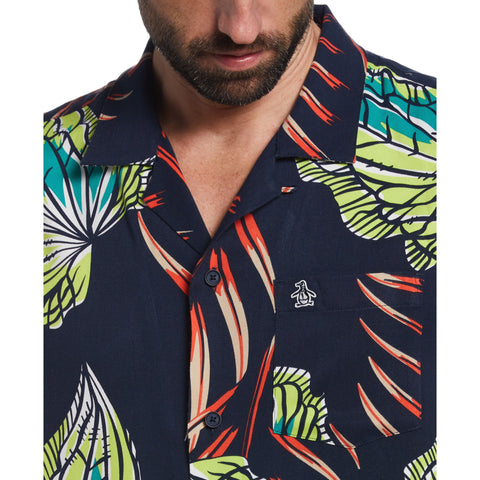 EcoVero™ Palm Leaf Print Camp Collar Shirt (Dark Sapphire) 