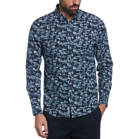 EcoVero™ Blend Scenic Print Woven Stretch Shirt (Dark Sapphire) 
