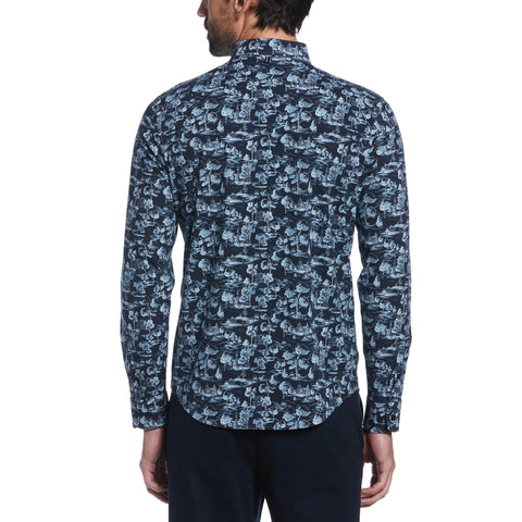 EcoVero™ Blend Scenic Print Woven Stretch Shirt (Dark Sapphire) 