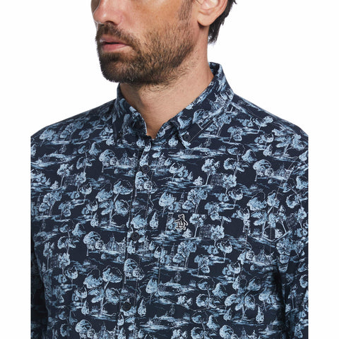 EcoVero™ Blend Scenic Print Woven Stretch Shirt (Dark Sapphire) 