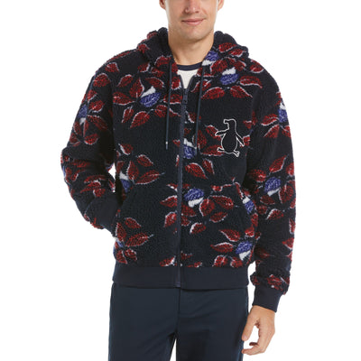 Leaf Print Sherpa Hoodie (Dark Sapphire) 