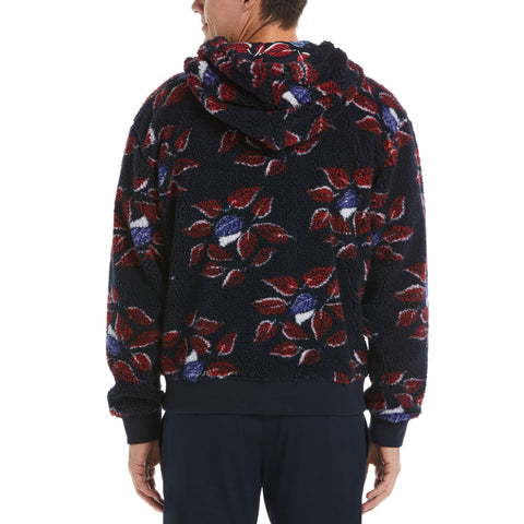 Leaf Print Sherpa Hoodie (Dark Sapphire) 