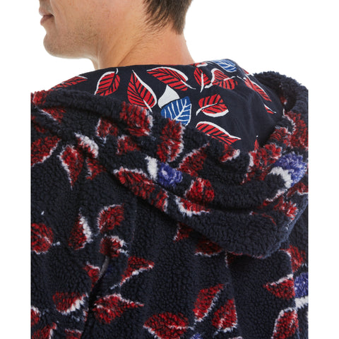 Leaf Print Sherpa Hoodie (Dark Sapphire) 