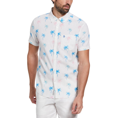 Palm Tree Print Linen-Cotton Blend Shirt (Bright White) 
