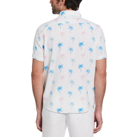 Palm Tree Print Linen-Cotton Blend Shirt (Bright White) 