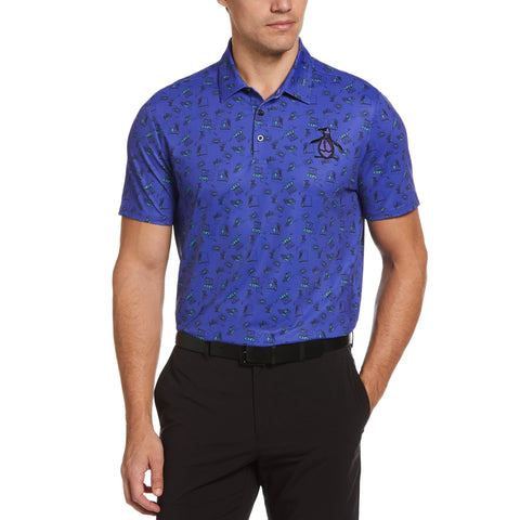 Retro Arcade Print Golf Polo Shirt (Bluing) 