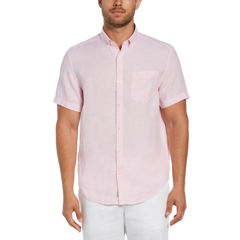 mens pink linen short sleeve shirt