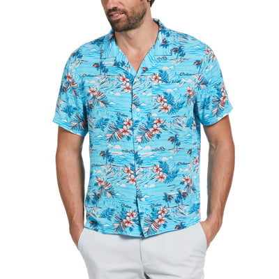 Tropical Floral Print Camp Collar Shirt (Blue Atoll) 
