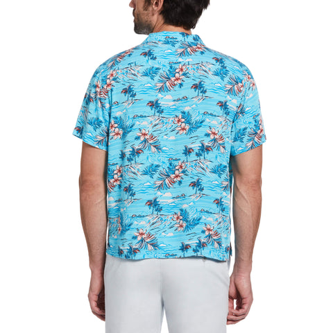 Tropical Floral Print Camp Collar Shirt (Blue Atoll) 