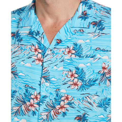 Tropical Floral Print Camp Collar Shirt (Blue Atoll) 