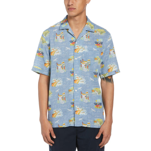 Vacay Print Camp Collar Shirt (Faded Denim) 